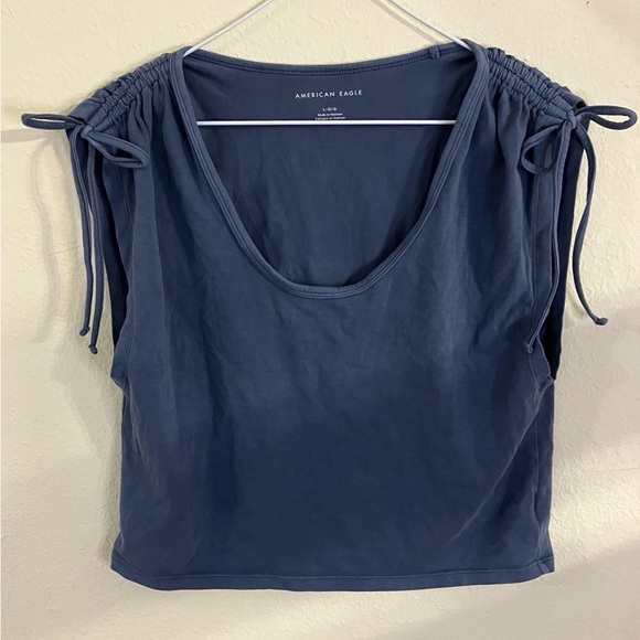 American Eagle Dusty Blue Cinched Tie Shoulder Cropped Tank Top Size: L - Picture 2 of 5